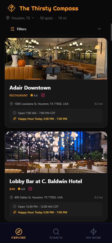 The Thirsty Compass venue list for Houston with happy hour times