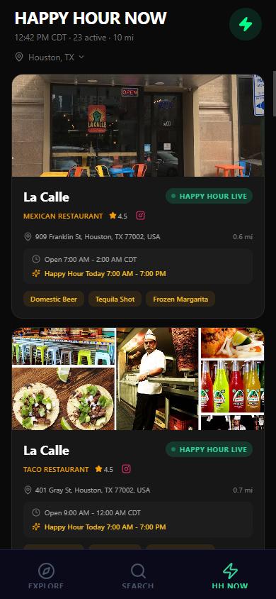 Happy Hour Now screen showing bars with happy hours running right now